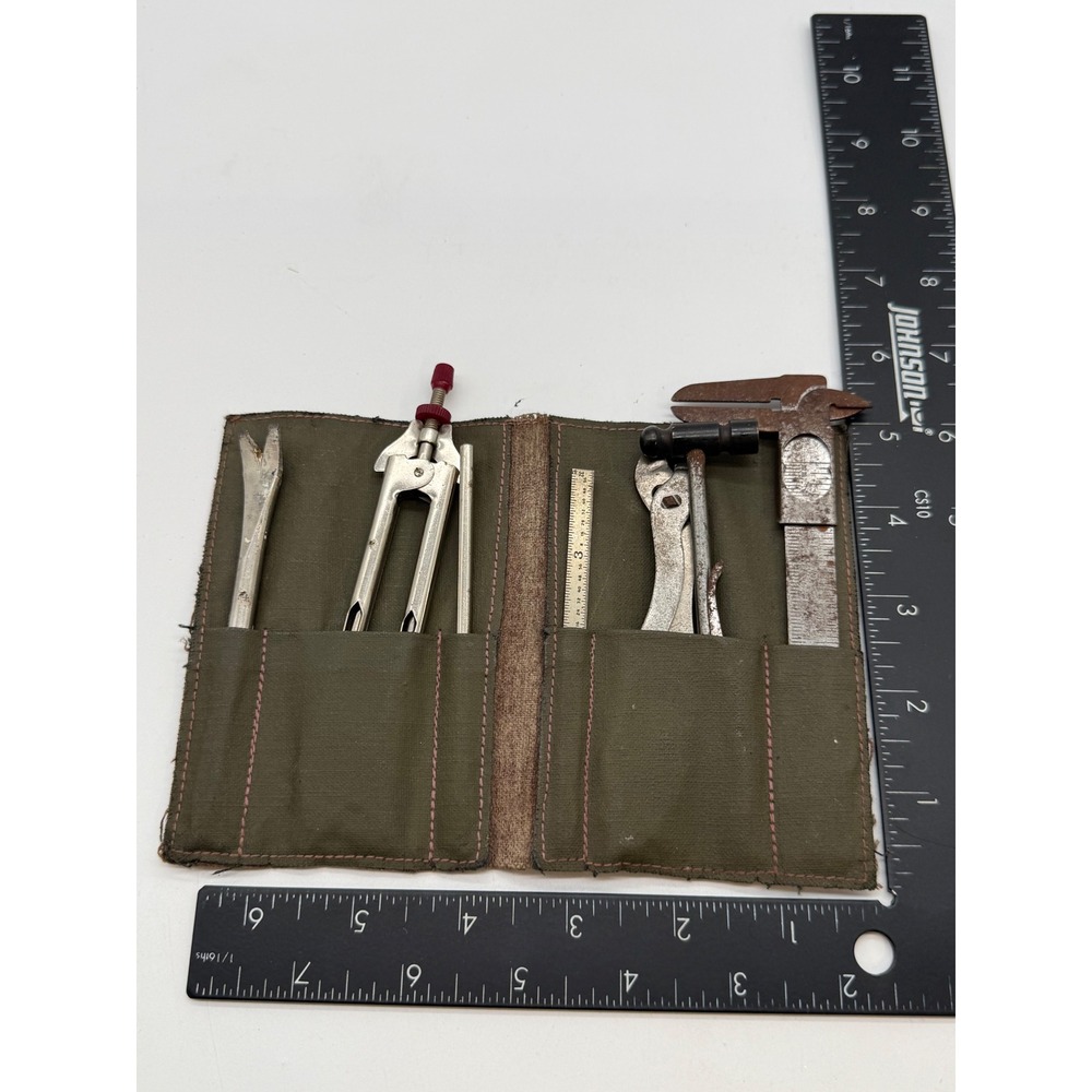Vintage 8pc Mini Tool Set Canvas Leather Pouch Caliper Pliers Hammer 30s 40s